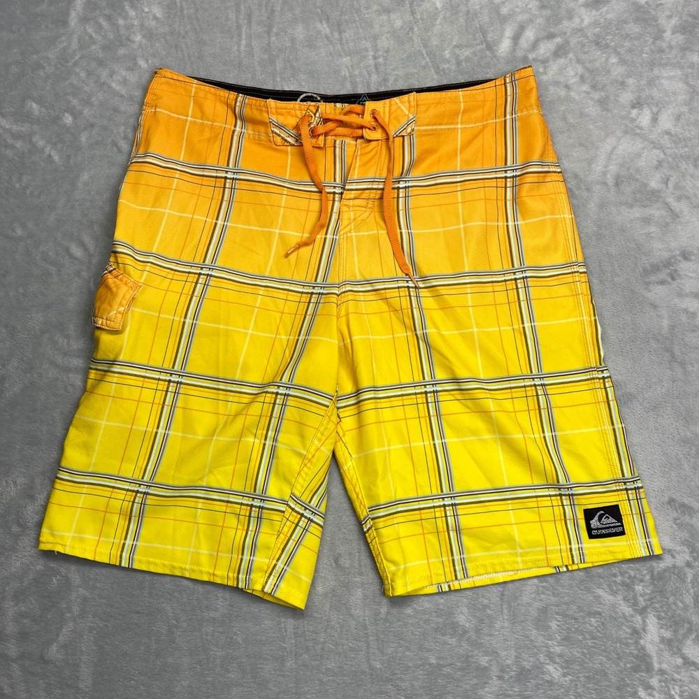 Quiksilver Cypher Series Board Shorts Mens 34 Yellow Plaid‎ 4-Way Stretch Y2K